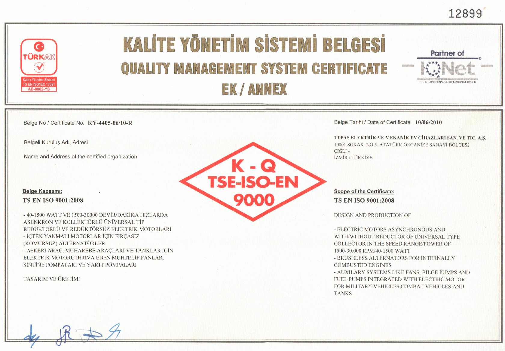 TEPAS ISO quality certificate